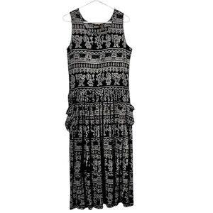 BILA Sleeveless Drop Waist Boho Black White Rayon Loose Fit Pockets Midi Dress S